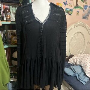 Free People Black Lace-Trimmed Blouse